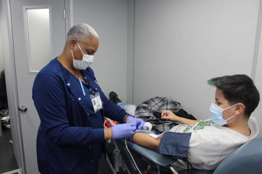 Kat Dispensa donating blood to the M.D. Anderson blood mobile.